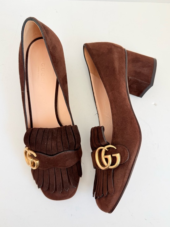 Gucci Shoes - Gucci Dark Chocolate Brown Marmont GG fringe 55mm block heel Loafer pumps EU38.5